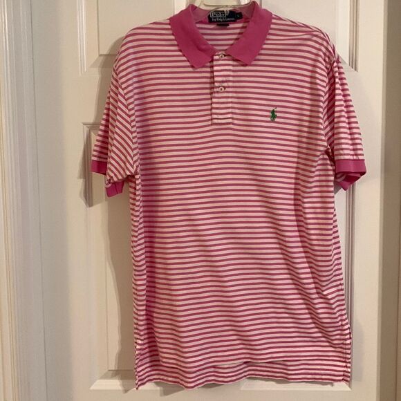 Polo by Ralph Lauren size large pink stripe & pink trim - Picture 1 of 11